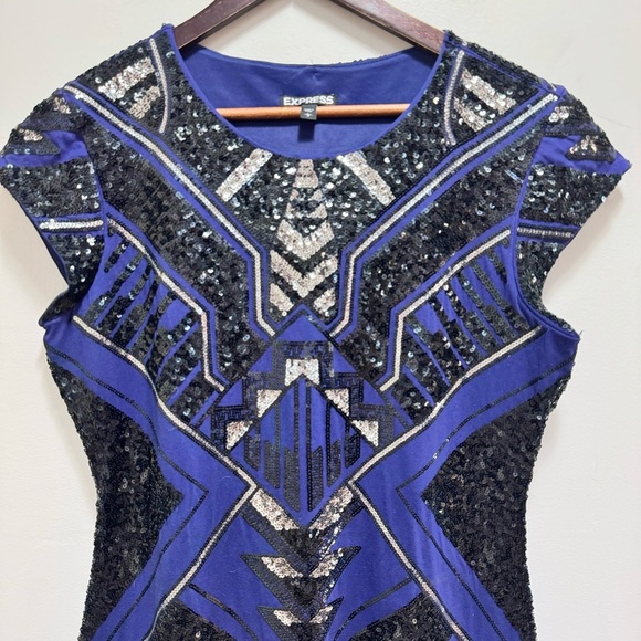 Express Art Deco Sequin Mini Dress Aztec Bodycon Blue Black Silver Size Large - Picture 3 of 14